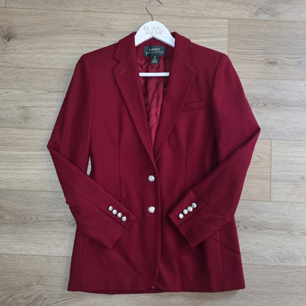 PRISTINE Lauren Ralph Lauren Rich Red Two Button Wool Blazer Size 4 Pockets